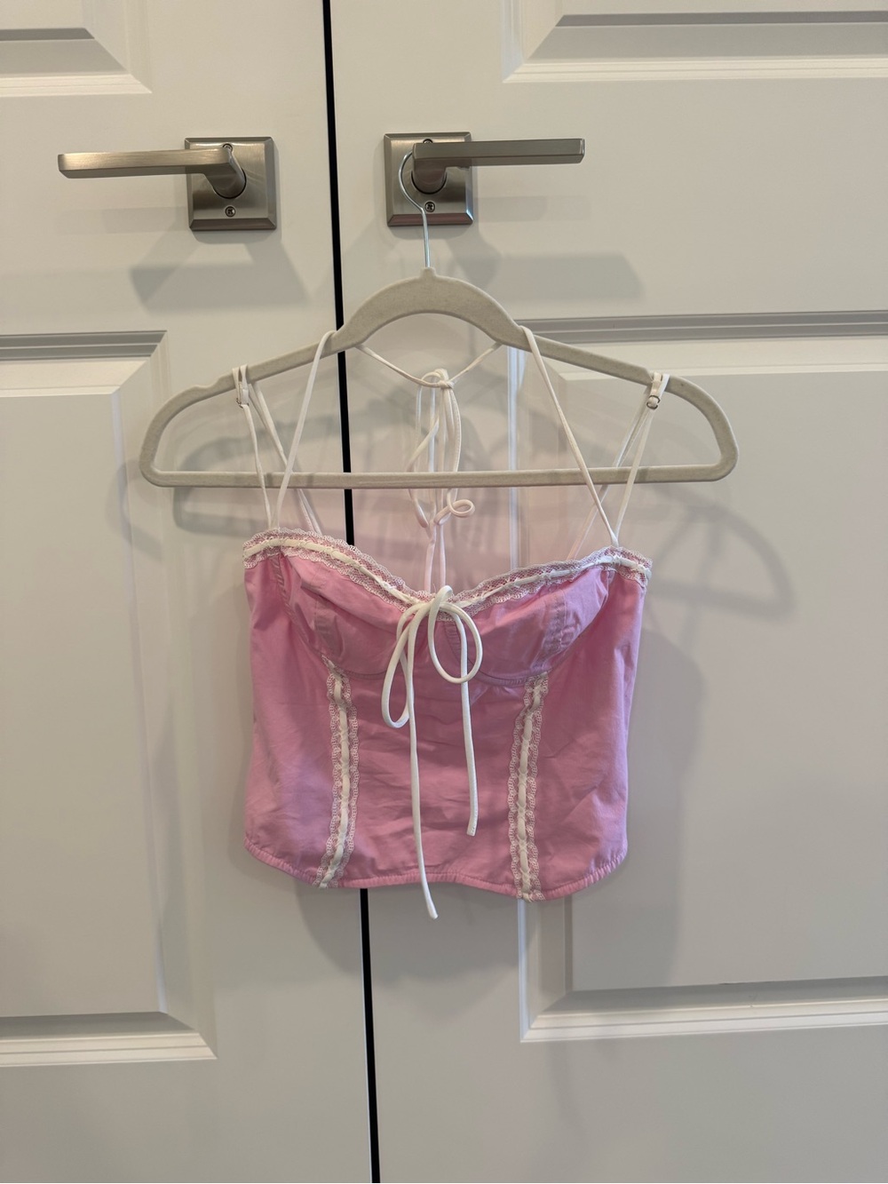 Stellah Pink Lace-Trim Corset-Style Crop Top